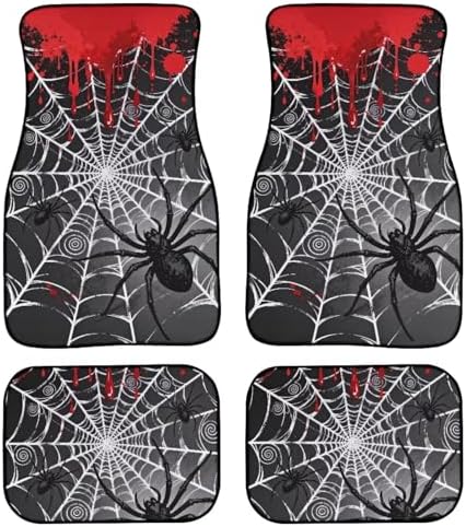 Spiderweb Car 4 Piece Floor Mat Set, Gothic Blood Drip Universal Fit Protection Heavy Duty Heel Pad Car Mats, Black Spider Car Floor Front and Rear 2 Rows Set