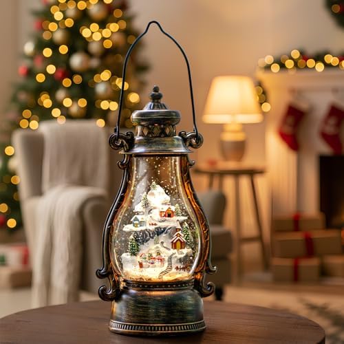 14.2" Christmas Village Buildings Tall Snow Globe Lantern Water Glittering Snowman Family with Music & Timer, USB Lined/Battery Operated Lighted Lantern for Christmas Festival Decoration Gifts - Image 2