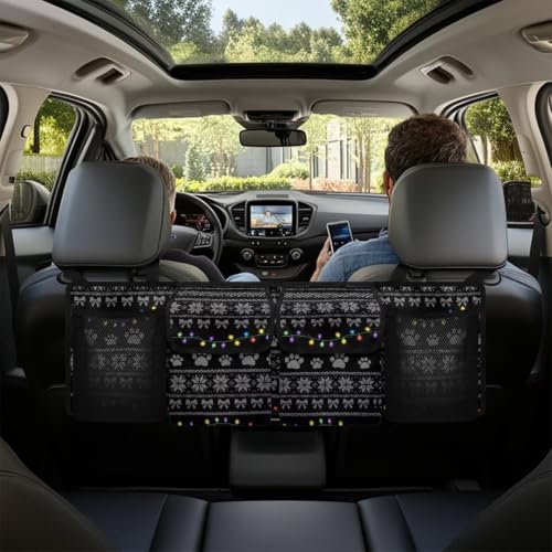 Ugly Christmas Sweater Paw Light Print Car Trunk Organizer Car Backseat Storage Bag with 4 Pockets Hanging Trunk Cargo Storage Universal Auto Accessories for Sedans SUV Trucks Van