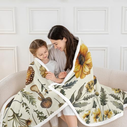 Honeybee Flowers Sherpa Blanket Wild Bee Animal Mushroom Throw Blanket Bedroom Living Room Soft Cozy Retro Rustic Blankets Decor for Bed Couch Sofa Yellow Black Green Flannel Blankets 30"x40" - Image 2