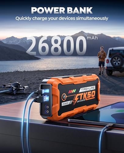TREKURE Portable Car Jump Starter 8000A 26800mAh, Car Battery Jump Starter for All Gas and 12L Diesel Engines, Battery Jumper, Portable Jump Box Car Battery with Fast Charge, LED Light - Orange - Image 3