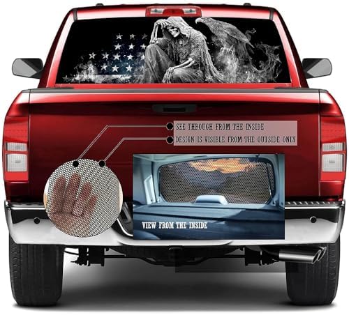 Vintage Grim Reaper Rear Window Decals for Trucks, Abstract American Flag Eagle Window Decal Back Window Tint Graphic Perforated Vinyl Pickup Truck Stickers 66 x 22 inch