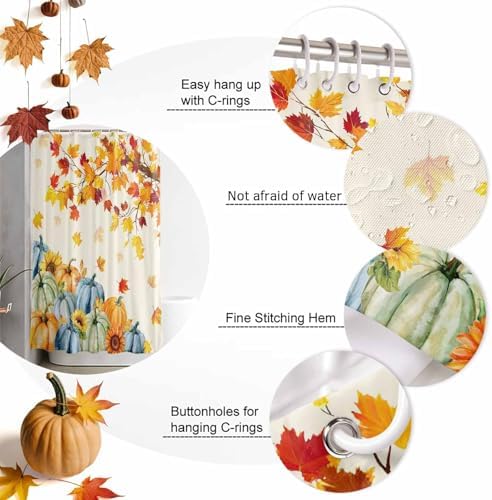Fall Shower Curtain Autumn Maple Leaves Bathroom Curtains with Hooks, Waterproof Polyester Fabric Thanksgiving Harvest Pumpkin Sunflower Shower Curtains Set for Bathroom Bathtubs Decor 54x78 Inch - Image 6