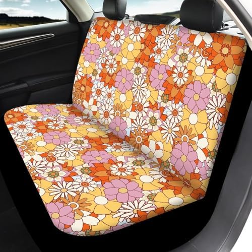 Hippie Flowers Print Car Seat Covers Set Front Rear Seat Covers 4 Piece Vehicle Split Bench Protector Cover Aesthetic Auto Accessories for SUV Van Interior Decor
