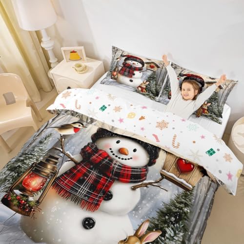 Manfei Kawaii Snowman Kids Duvet Cover Set Queen Size,Rabbit Bird Winter Poinsettia Bedding Set,Pine Tree Xmas Animal Snowflake Room Decor,Gray Green Quilt Cover,2 Pillowcases(No Comforter) by Manfei