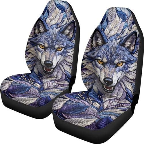 Purple Wolf Floral Car Front Seat Covers Set of 2, Trippy Style Decorative Breathable Seat Protectors for Women, Universal Fit SUV Sedan Truck