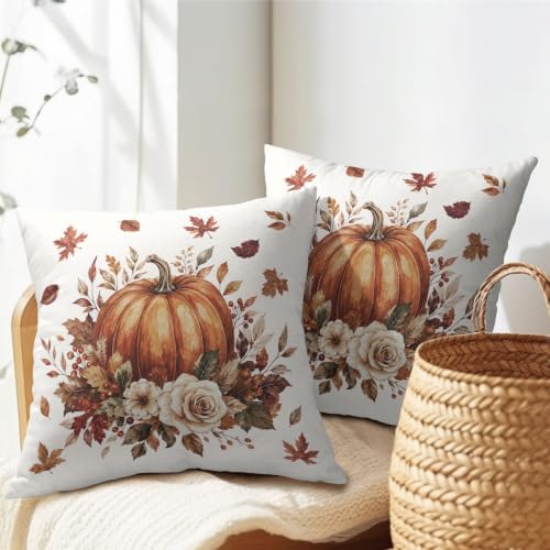 Fall Pumpkin Pillow Covers 16x16 Set of 2 Burnt Orange Maple Leaves Floral Outdoor Throw Pillows Covers Thanksgiving Rustic Decorative Farmhouse Cushion Case for Living Room Couch Sofa - Image 7