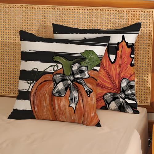 Fall Pillow Covers 20x20 Set of 2 Orange Pumpkin Maple Leaves Stripes Fall Decor Pillowcase Autumn Harvest Decorative Outdoor Throw Pillow Covers Linen Thanksgiving Cushion Case for Sofa Home - Image 2