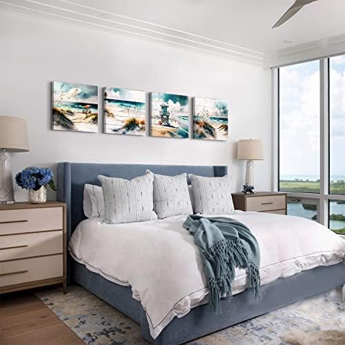 Teal Blue Beach Scenery Wall Art Vintage Beach Wall Decor for Bathroom Bedroom Ocean Pictures Watercolor Coastal Painting Nature Seascape Canvas Modern Artwork Living Room Home Decorations 16x16" 4Pcs - Image 4