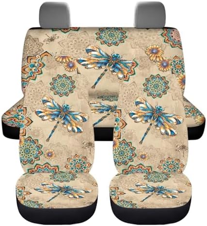 Dragonfly Boho Style Mandala Print Car Seat Covers 4Pcs Front & Rear Breathable Seat Covers Universal Fits for Truck, Sedan, SUV Auto Interior Protector Car Accessories