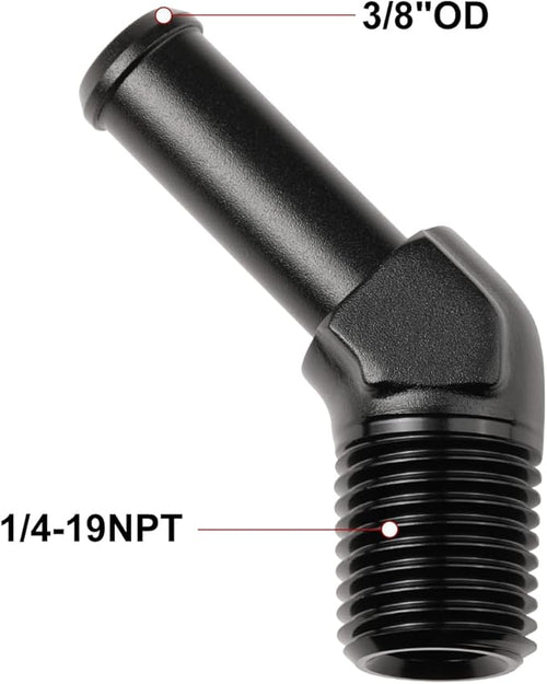 1/4 NPT Male to 3/8" Hose Barb Fitting Adapter 45 Degree Elbow Aluminum Black - Image 2