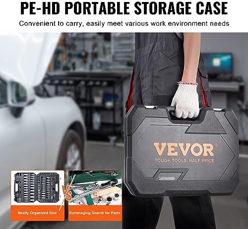 VEVOR Socket Set, 1/4" and 3/8" Drive Socket and Ratchet Set, 6-Point Socket Opening, 106 Pcs Tool Set SAE and Metric, Deep and Standard Sockets, 5/32-1 in, 5-19 mm, with Accessories, Storage Case - Image 5