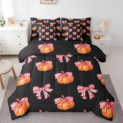 Erosebridal 7 Piece Girls Kawaii Fall Theme Bedding Set King Bowknot Pumpkin Kids Bed in A Bag Watercolor Thanksgiving Comforter Set 7 Piece Cute Fall Pumpkin Sheet Set with Comforter by Erosebridal
