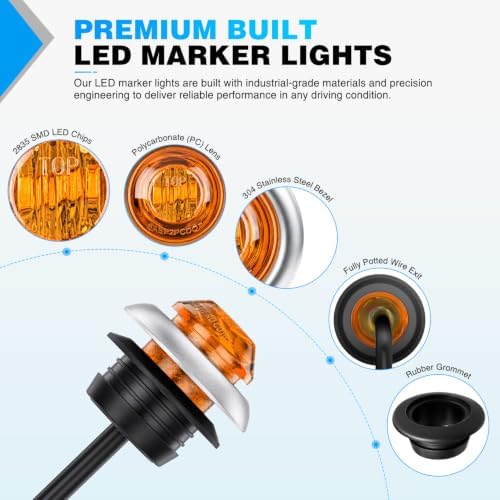 Nilight 3/4" Round Marker Lights 10PCS Amber Side Bullet Clearance Light