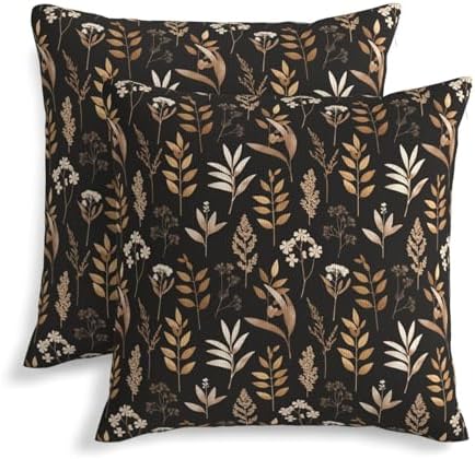 KiuLoam Vintage Botanical Wildflower Pillow Covers 16x16 Set of 2 Black Brown Floral Leaf Rustic Farmhouse Decorative Throw Pillows Neutral Outdoor Square Cushion Cases for Sofa Couch Bed Home Decor by KiuLoam