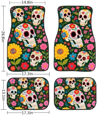 Boho Skulls Car Carpet Floor Mat Skull Rubber Heel Pad 4PC for Cars Trucks SUV Protection - Driver Seat Dark Purple Passenger Seat and Rear Floor Mats