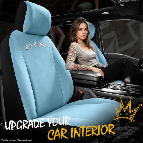 ED HARDY Car Seat Covers, Light Blue Short Plush & Silver Diamond Graphic