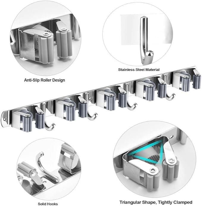 Mop and Broom Holder, 4 Positions 5 Hooks Heavy Duty Mop Hanger Wall Mounted - Image 2