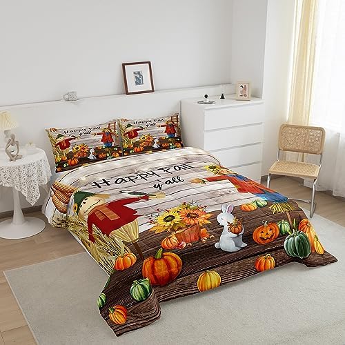 Homewish Happy Fall Y'all Comforter Set Twin Size Pumpkin Sunflower and Rabbit Bedding Set Rustic Farmhouse Wooden Door Quilt Set for Kids Boys Girls Room Decor Nature Animal Plants Duvet Insert 2Pcs - Image 2