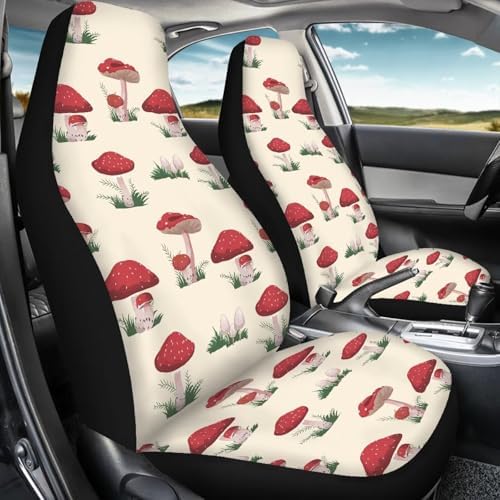 Red Mushroom Beige Print Car Seat Cover Colorful Cute Print Front Seat Covers 2 pcs, Vehicle Seat Protector Car Mat Covers, Fit Most Vehicle, Cars, Sedan, Truck, SUV, Van