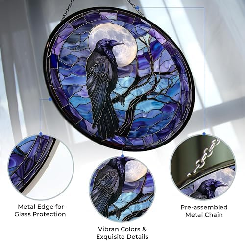 Moon Crow Stained Glass Window Hanging Sun Catcher Halloween Haning Ornament Decoration Christmas Birthday Gifts for Lover and Friends - Image 2