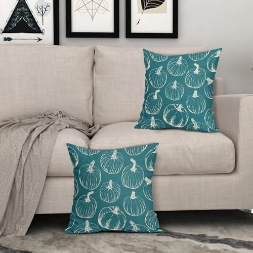 Teal Fall Pumpkin Pillow Covers 22x22 Set of 2 Autumn Themed Thanksgiving Cream Print Decorative Throw Pillows Outdoor Pillowcase Farmhouse Linen Cushion Case Decor for Home Sofa Couch Bed - Image 3