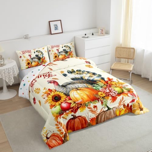 Thanksgiving Day Comforter Set Twin Size,Watercolor Turkey Pumpkin Bedding Set 2pcs Kids Girls Boys Teens Room Decor,Fall Maple Leaves Quilted Duvet Rustic Farmhouse Duvet Insert,Orange Yellow - Image 4