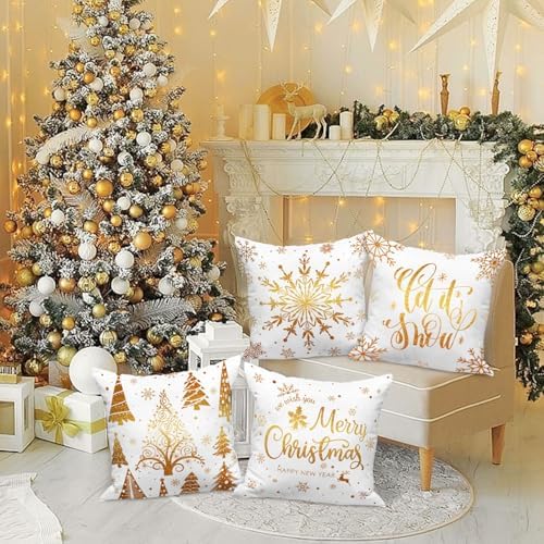 Lanpn Christmas Throw Pillow Covers 12x12 4 pcs, 12 inch White and Gold Bronzing Decorative Xmas Cushion Covers Pillow Cases 12 x 12 for Home Bedroom Room Holiday Couch Decor Decorations - Image 2