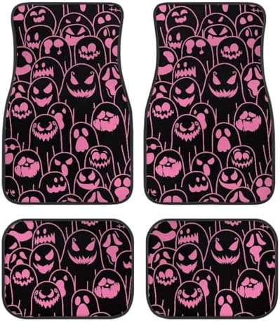 Pink Black Ghost Print Funny Halloween Car Floor Mats 4 PCS, Cute Durable Interior Accessories for Car SUV, All Weather Floor Mats with Front Rear Trunk Liners Set for Party