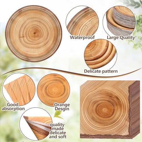 Funnymoom 452 Pcs Camping Wood Grain Party Decorations Rustic Wood Disposable Paper Plates Napkins Cups Tablecloth Cutlery Straws for Forest Themed Party Decorations Hunting Birthday Supplies - Image 3