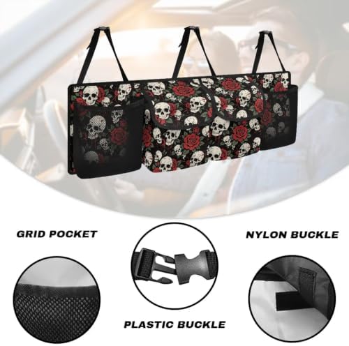 Vintage Skull Red Rose Print Car Trunk Organizer Car Backseat Storage Bag with 4 Pockets Hanging Trunk Cargo Storage Universal Auto Accessories for Sedans SUV Trucks Van