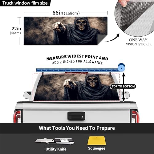 Smiling Skeleton Pickup Truck Decals Rear Window, Vintage Reaper Gothic Automotive Decals and Graphics Rear Window Decals for Trucks, Car Window Decal Sticker 66 x 22 inch