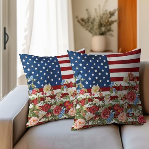 4th of July Pillow Covers 22x22 Set of 2, Patriotic Throw Pillow Covers Independence Memorial Day Pillowcase, Summer Floral Decorative Fourth of July Cushion Case Couch for Indoor Outdoor Home Decor - Image 3