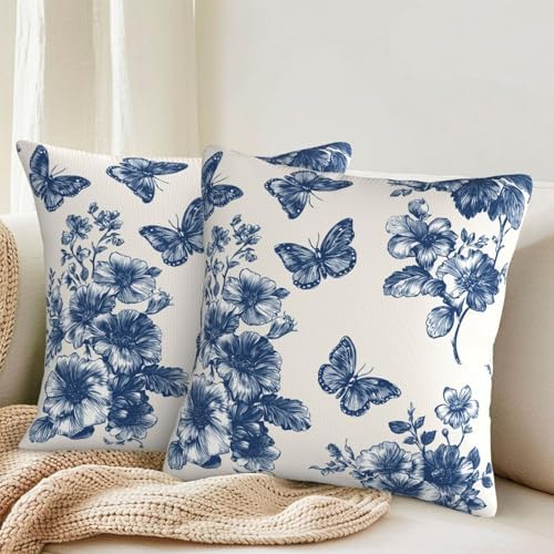 KiuLoam Navy Blue Floral and Butterfly Pillow Covers 22x22 Inch Set of 2, Vintage Chinoiserie Rustic Decorative Throw Pillows, Farmhouse Outdoor Square Cushion Cases for Sofa Couch Bed Home Decor - Image 2