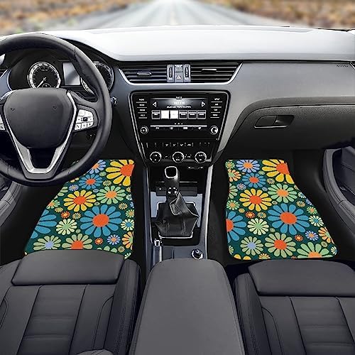 Colorful Hippie Flower Car Floor Mats Set of 4,Abstract Tropical Floral Seamless Pattern Cute Flowers Vehicle Front Rear Carpets Mats Universal Car Floor Rugs Car Accessories for Van Truck