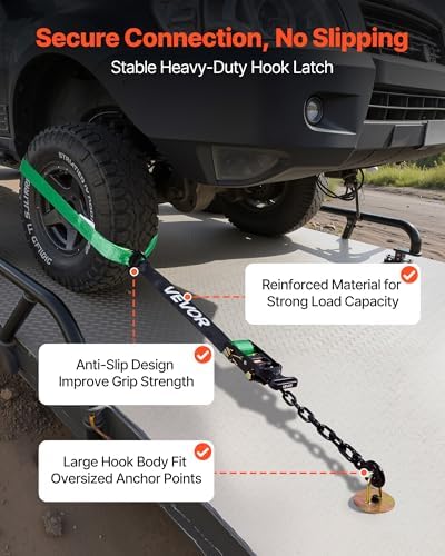 VEVOR Wheel Chock Tie-Down Kit, Tire-Style Tow Dolly Strap, Car Kit with Heavy-Duty Hook, Break Strength 10009 lbs & Working Load 3333 lbs Motorcycle Tie-Down System with O-Ring for ATV, SUV