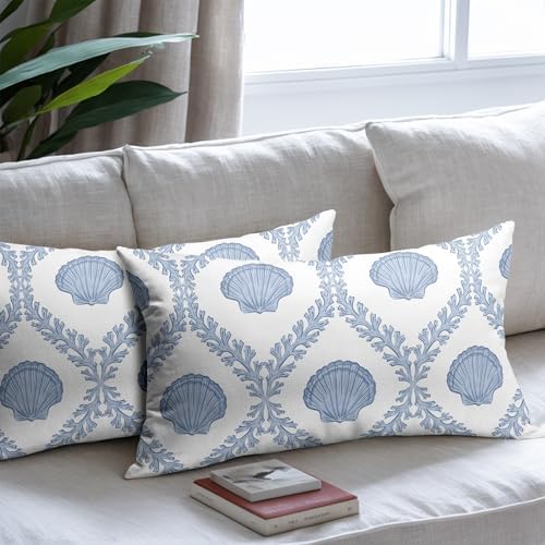 Light Blue Coastal Lumbar Pillow Covers 12x20 Set of 2 Ocean Coral Shell Outdoor Decorative Linen Summer Throw Pillows Cases with Zipper Cushion Cover Rustic Decoration Farmhouse Sofa Couch Bed Decor - Image 7