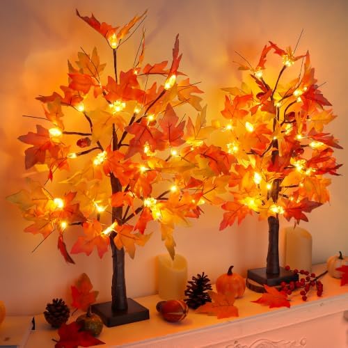 2 Pack 24 Inch Prelit Fall Maple Tree Fall Thanksgiving Decorations with 48 LEDs Battery Operated Timer Lighted Acorn Maple Artificial Tabletop Light Up Tree for Home Indoor Thanksgiving Table Decor - Image 5