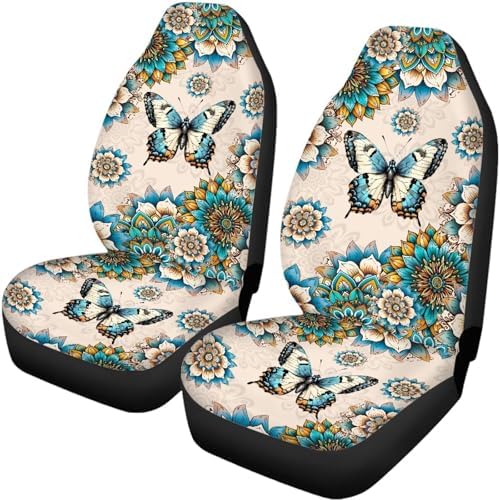 Boho Mandala Flower Butterfly Print Car Front Rear Seat Covers Full Set of 4 Car Accessories Vehicle Split Bench Protector Universal Fit for Cars Truck Sedan
