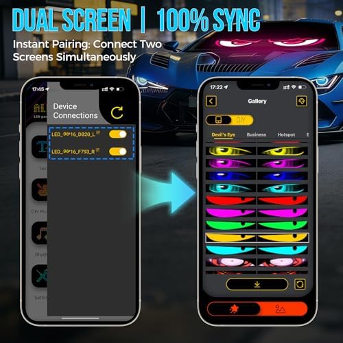 2PCS Devil Eyes Light For Windshield, 23"x5" LED Eyes Dual Screen 100% Sync, App/Remote Control, Custom Text & Graphics LED Light Sign for Car Truck SUV