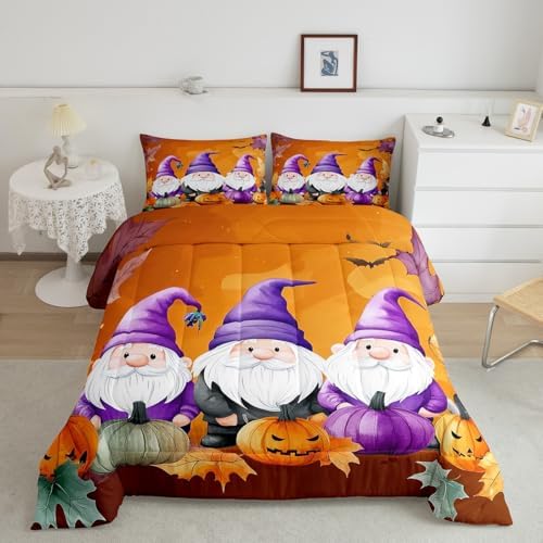 Fall Gnome Comforter Set Queen Size Thanksgiving Pumpkin Bedding Set For Kids Children Autumn Harvest Down Comforter Maple Leaf Quilt Set Orange Purple Lightweight Room Decor 2 Pillow Cases - Image 2
