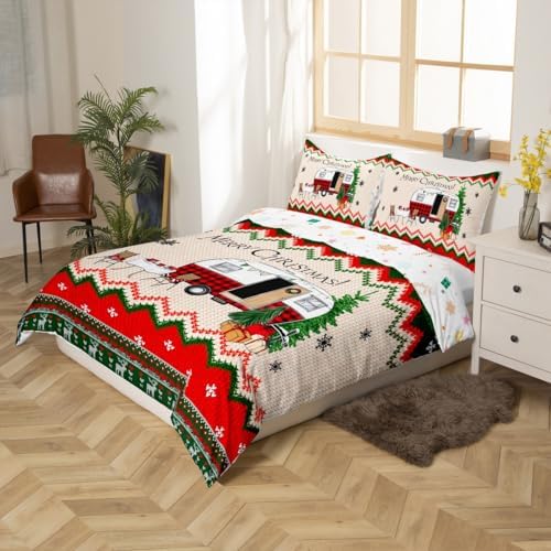 Merry Christmas Kids Duvet Cover Set King Size,Happy Camping Camper Rustic Bedding Set,Girls Boys Adults Room Decor,Christmas Deer Snowflake Comforter Cover,Colorful Xmas Quilt Cover,2 Pillowcases - Image 5