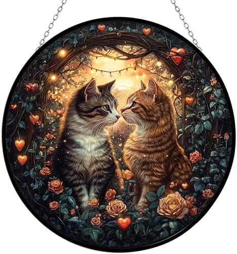 Stained Glass Window Hanging - Realistic Cat Couple Suncatcher for Window Doors Home Decoration and Christmas, Mother's Day Father's Day Birthday Gifts for Women, Men, Mom 11.8x11.8 in by 365CUSGIFTS