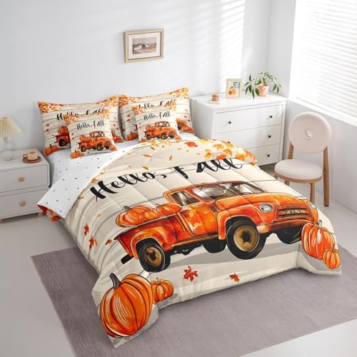 Erosebridal Fall Autumn Full Comforter Set 7 Piece,Pumpkin Truck Bed in A Bag with Sheet Set Thanksgiving Harvest Bedding Set for Kids Adults Rustic Farmhouse Barn Door Maple Leaf Bed Set - Image 3