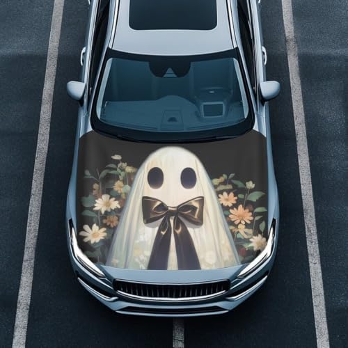 Floral Ghost Car Hood Cover, Wild Flower Removable Automotive Exterior Accessories Halloween Ghost Washable Elastic Car Bonnet All-Season Protection for SUV Sedan