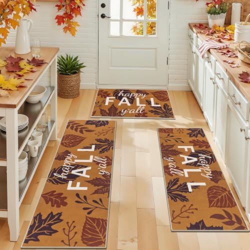 U'Artlines Happy Fall Leaves Kitchen Rugs with Runner Sets 3 Piece, Brown by UArtlines