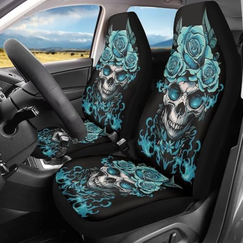 Halloween Skull Rose Car Front Seat Covers Breathable Car Seat Cover Stretch Polyester Fabric Cover Non Slip Fashion Auto Interior Universal for Cars Truck SUV Van
