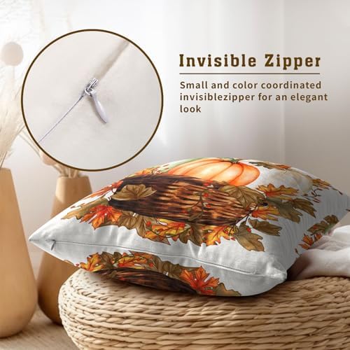 Autumn Pumpkin in the Basket Throw Pillow Covers 18X18 Inches Set of 2 Fall Maple Leaf Flower Pillowcase Soft Cotton Square Harvest Thanksgiving Cushion Covers for Home Sofa Bedroom Decoration - Image 4