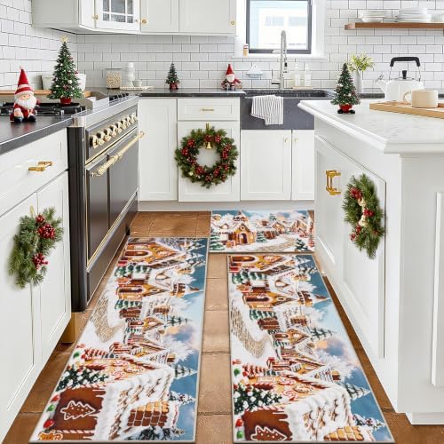 U'Artlines Christmas Kitchen Rugs and Mats Set of 3, Gingerbread Village - Image 6