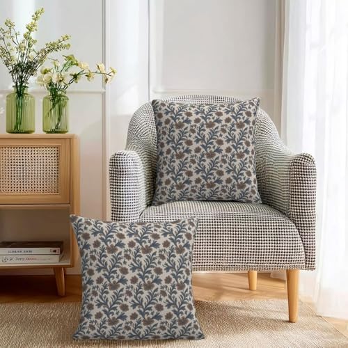 KiuLoam Blue Brown Vintage Floral Pillow Covers 16x16 Inch Set of 2 Antique Flowers Block Print Rustic Farmhouse Decorative Throw Pillows Neutral Outdoor Square Cushion Cases for Sofa Couch Bed Decor - Image 3